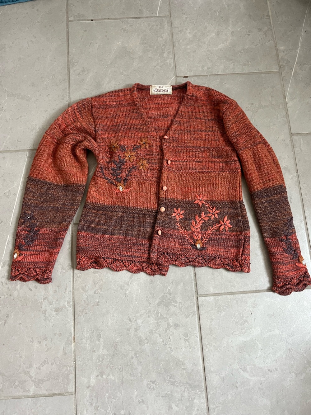 Vintage Embroidered Rust Gradient Women’s Cardigan Sweater